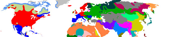 Les familles linguistiques du monde. Je travaille avec les familles linguistiques romane (en bleu) et germanique (en rouge)